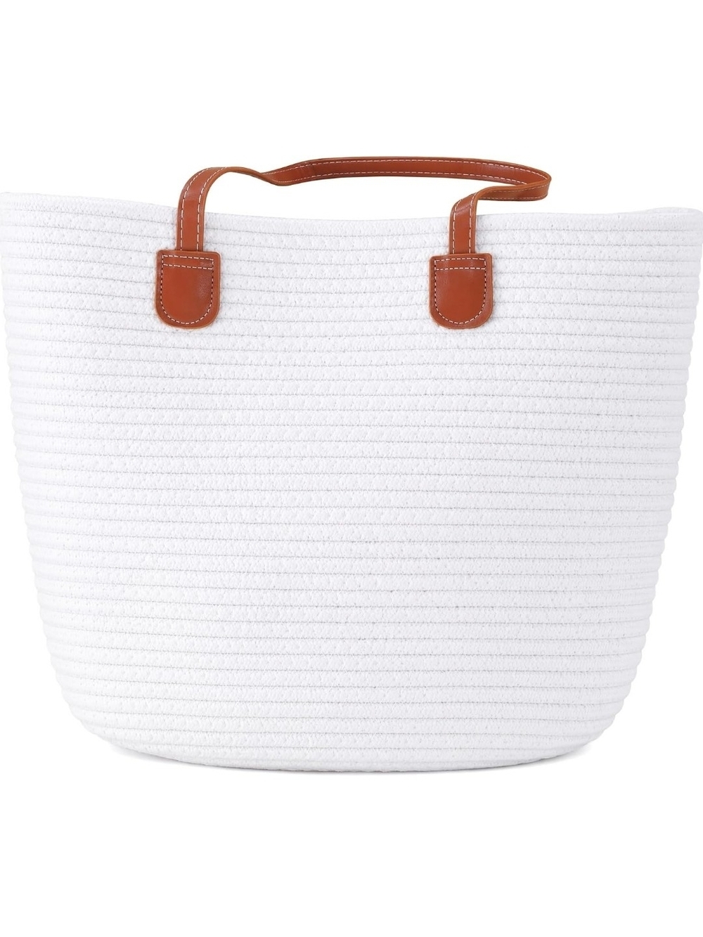 White Rope Tote with Brown Leather Handles